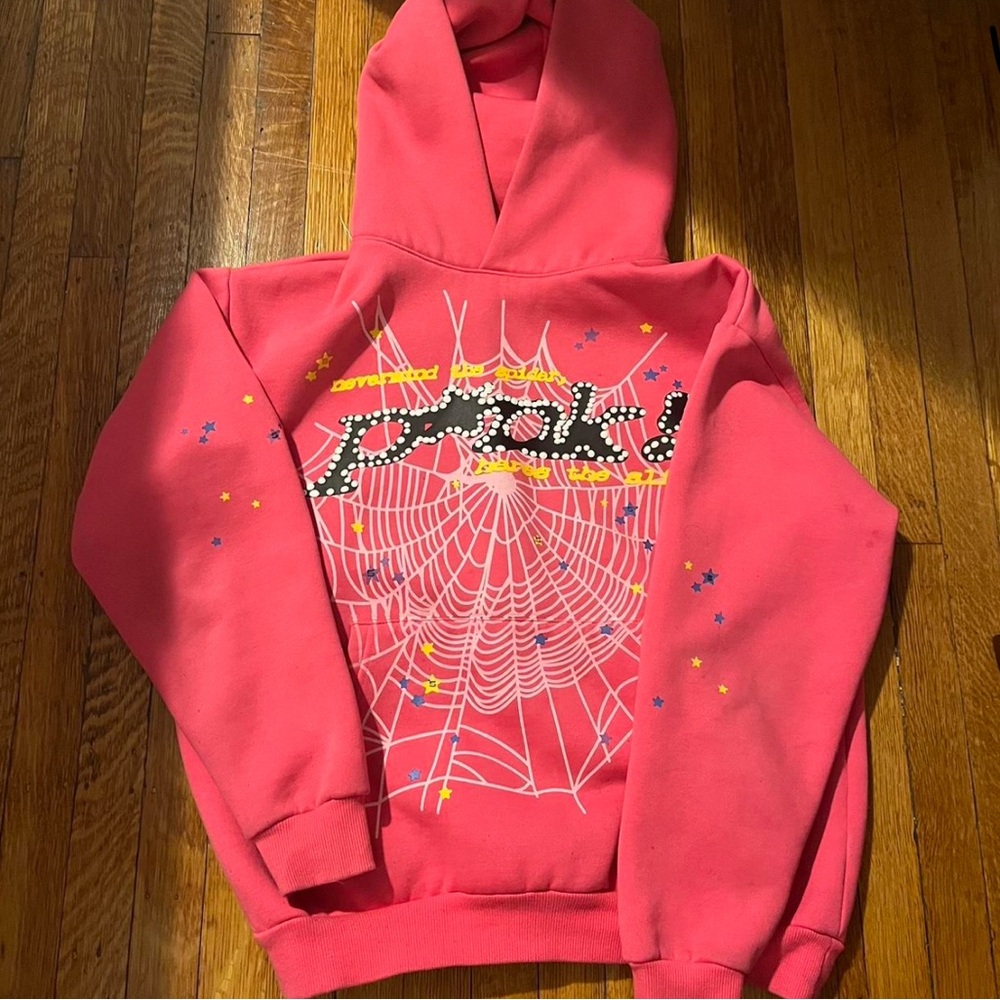 Pink sp5der hoodie barley worn